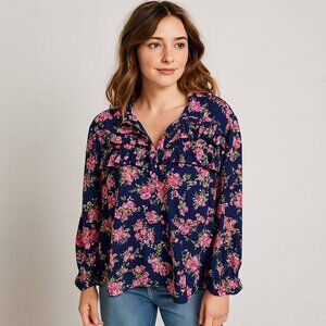 Rogue Collection Floral Ruffle Blouse 2X Blue Pink Boho Cottagecore Fairycore